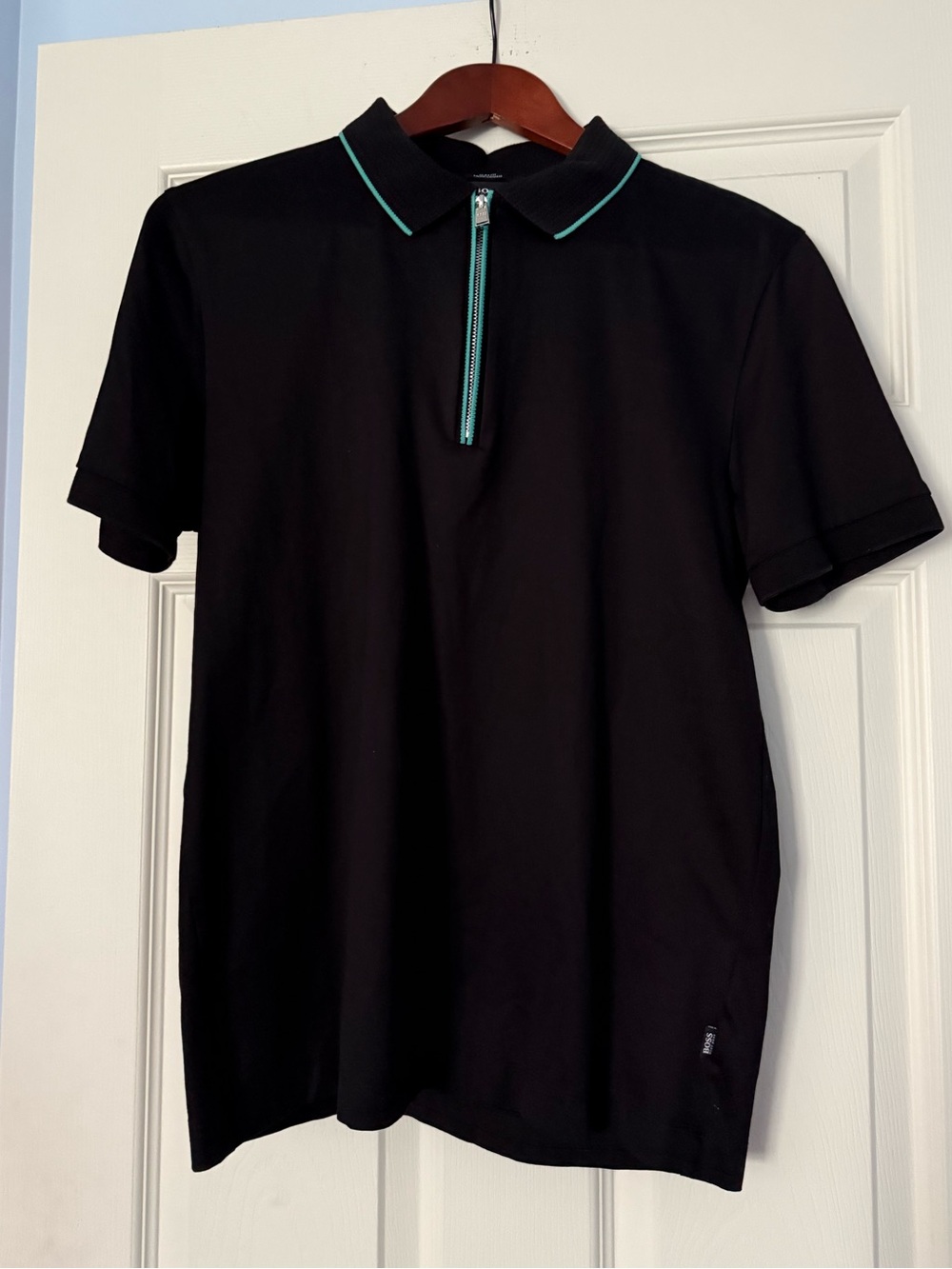 Hugo BOSS Men's Polston Black Polo Shirt with Teal Trim and Zip